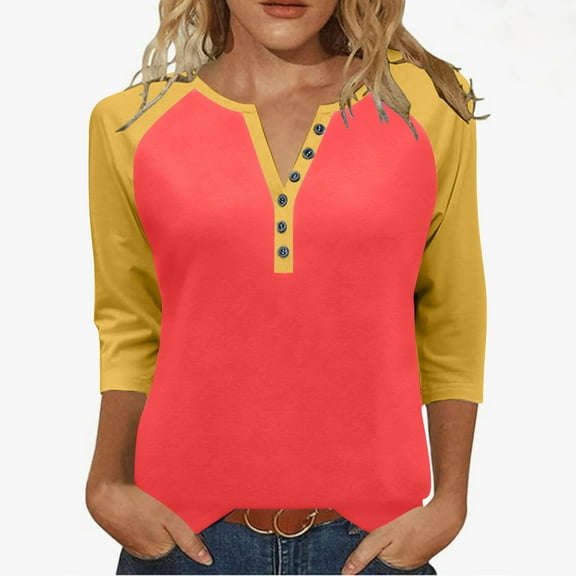UPPADA Raglan Sleeves Shirts for Women V Neck Button Up Blouse Fall Dressy Tops Trendy Loose Lightweight Tees Ladies Color Block Shirts Casual Wear Pullover Tops Fall Orange,M