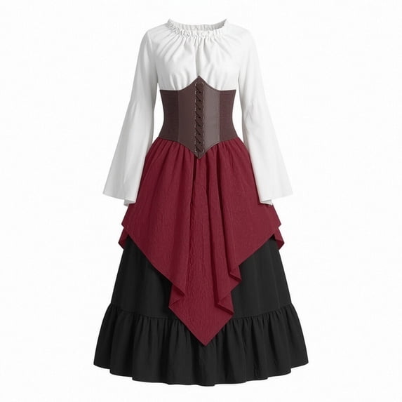 UPPADA Renaissance Corset Dress for Women Vintage Double Layer Non Sheer Design Long Sleeve Fairy Core Medieval Costume Red,M