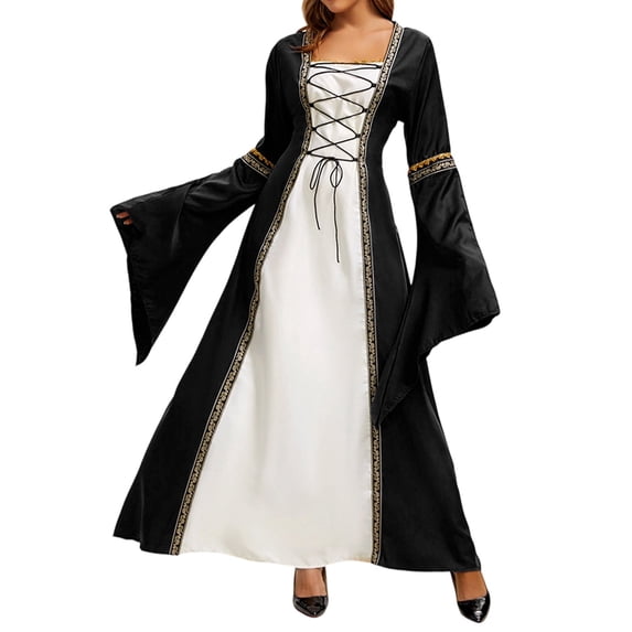 UPPADA Renaissance Fair Corset Dress Women Square Neck Bell Sleeve Medieval Irish Dresses Halloween Costume Victorian Ball Gown Black,L