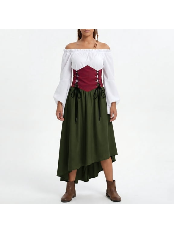 Renaissance Fair Costume Women Pirate Medieval Fairy Flowy Corset Dresses with Elastic Lace Up Waist Belt Army Green,S