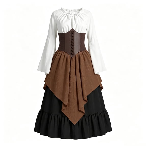 UPPADA Renaissance Fair Costume Women Pirate Medieval Fairy Flowy Corset Dresses with Elastic Lace Up Waist Belt Brown,L