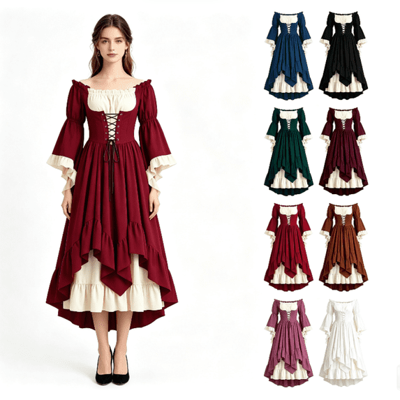 UPPADA Renaissance Medieval Dress for Women Bell Sleeve Off Shoulder Lace Up Waist Dress Pirate Corset Victorian Dresses Black,L
