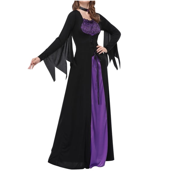 UPPADA Renaissance Witch Costume Women Medieval Corset Batwing Sleeves Maxi Dress for Halloween Masquerade Pirate Themed Party Purple,L