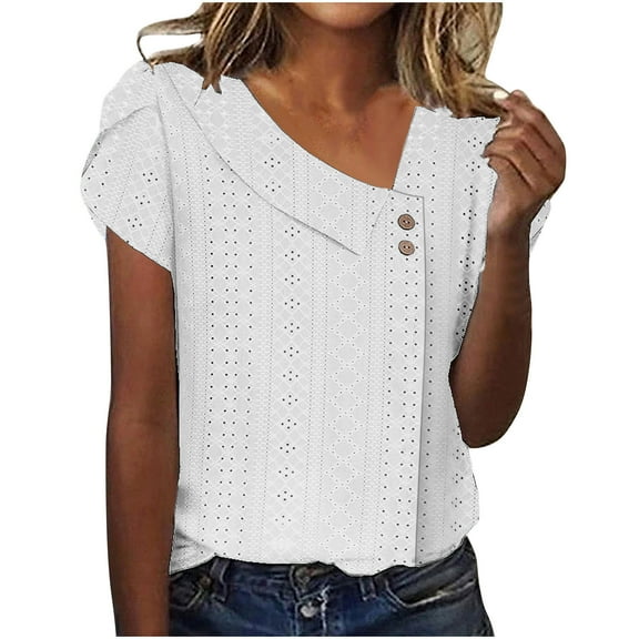 UPPADA Eyelet Shirts Tops Women Summer - Womens Short Sleeve Eyelet Tops Basic Knit Shirts Button V Neck Casual Summer Tshirt White,S