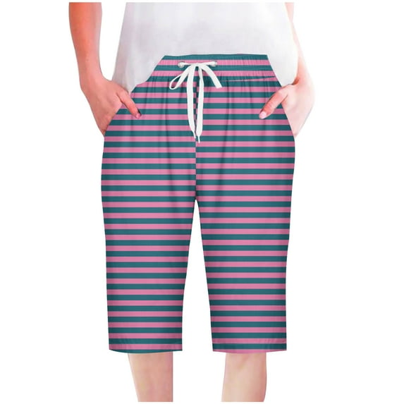 UPPADA Ruffle Shorts Women Shorts for Women Striped Printed Sweatshorts Baggy Knee Length Short Pants Drawstring Waist Sweatshort with Pockets Big Deal Days of Day Travel
