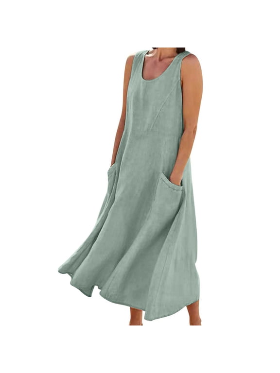Summer Dresses for Women Casual Boho Sundress Crew Neck Sleeveless Beach Maxi Dresses with Pockets Of