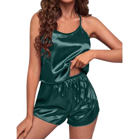 UPPADA Satin Pajamas for Women Summer 2 Piece Silk Pajama Sets Ladies Solid Sleepwear Short Sleeve Suits Smoothing Comfy Tank Tops Suit Green,XL