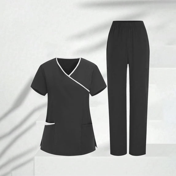 UPPADA Scrub Set for Women V Neck Scrub Tops and Long Straight Wide Leg Pants with Pockets Nurse Work Drawstring Waist Pants with Pockets Black,XXL