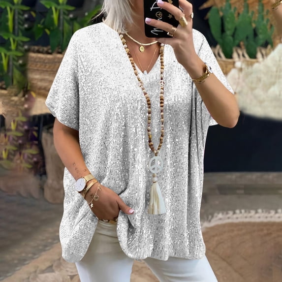 UPPADA Sequin Tops for Women Sparkle Coctail Party Blouse Dressy Shimmer Glitter Tops Holiday Club Sparkle Shirts Short Sleeve Summer Tees