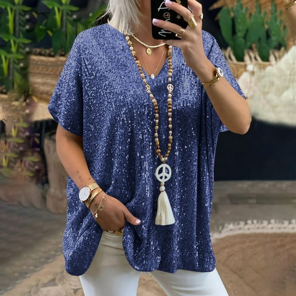 UPPADA Sequin Tops for Women Sparkle Coctail Party Blouse Dressy Glitter Tops Holiday Club Sparkle Shirts Short Sleeve Summer Tees