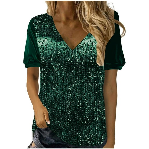 UPPADA Sequin Tops for Women Sparkle Coctail Party Blouse Dressy Glitter Tops Holiday Club Sparkle Shirts Short Sleeve Summer Tees