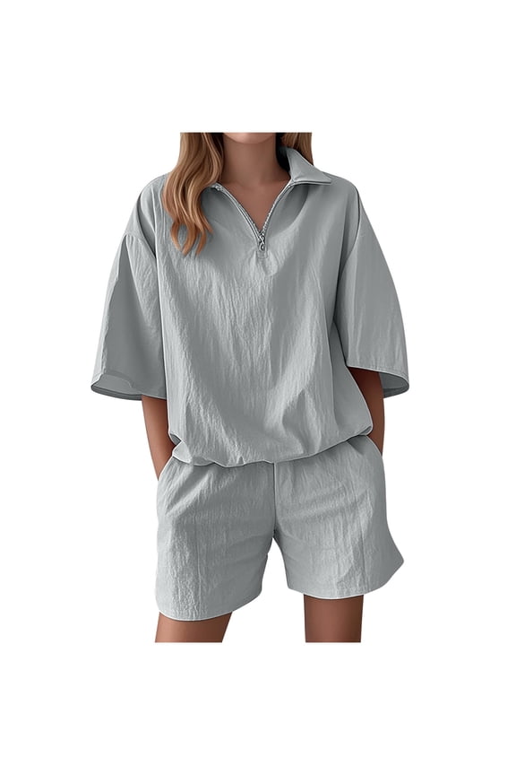 Short Sets Women 2 Piece Outfits Zipper V Neck Short Sleeve Shirts and Shorts Sets Summer Going Out Sets Casual Pullover Tops Sets Gray,L