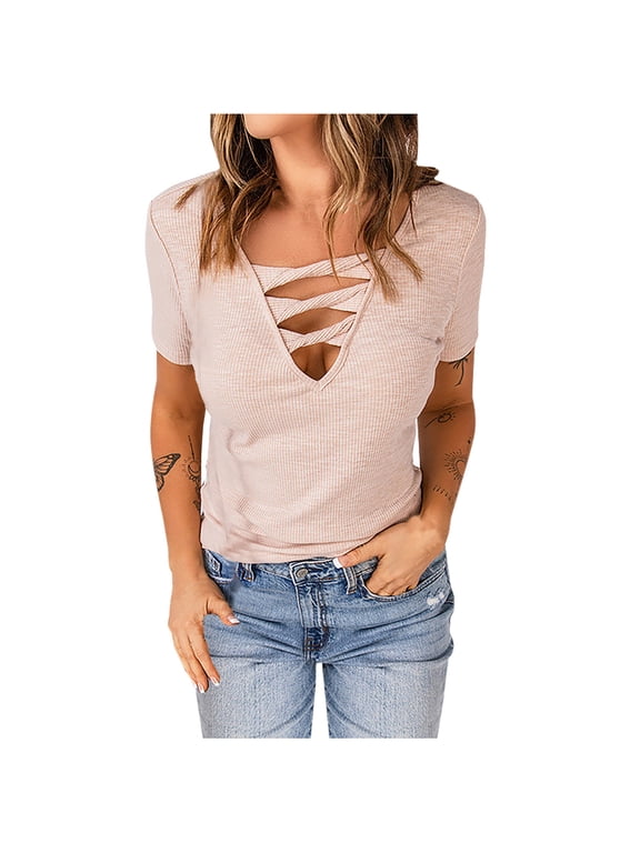Short Sleeve Blouses for Women, Women's Summer Tops V Neck Hollow Out Cleavage Blouse Casual Slim T Shirts