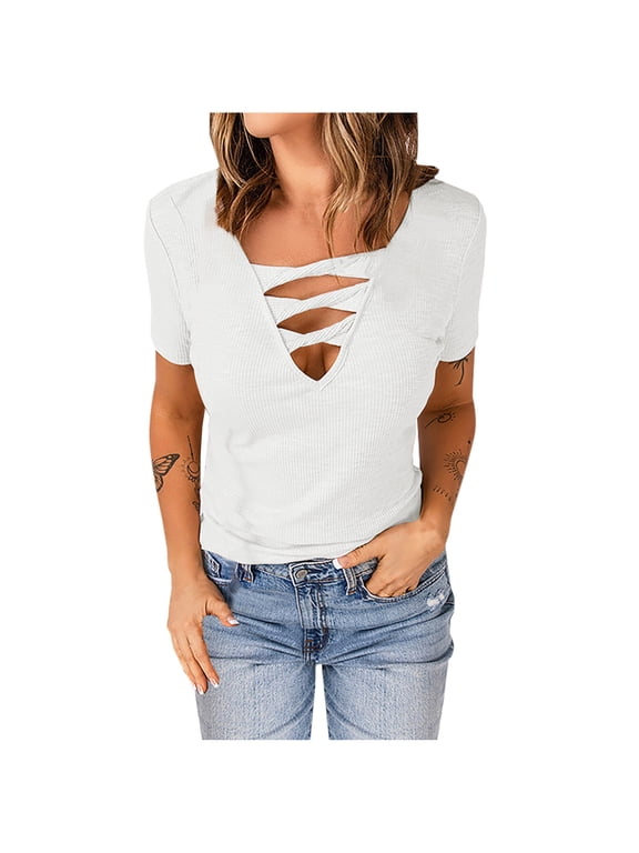 Short Sleeve Blouses for Women, Womens Summer Tops V Neck Hollow Out Cleavage Blouse Casual Slim T Shirts Clothing