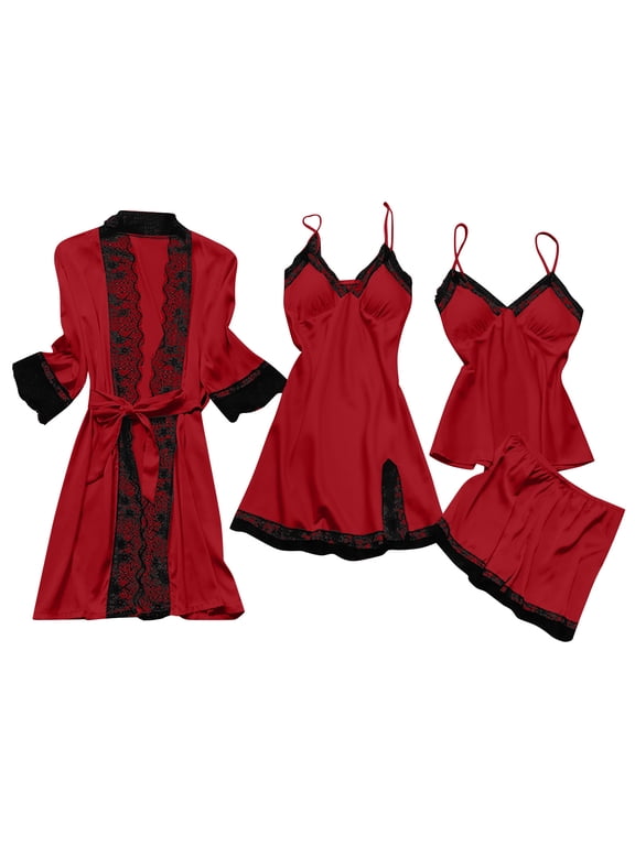 Silk Pajamas for Women 4pcs Sleepwear Loungewear Satin Lace Cami and Shorts Set with Robe Casual Sleeveless Tops 4 Piece Pj Set Red,XL