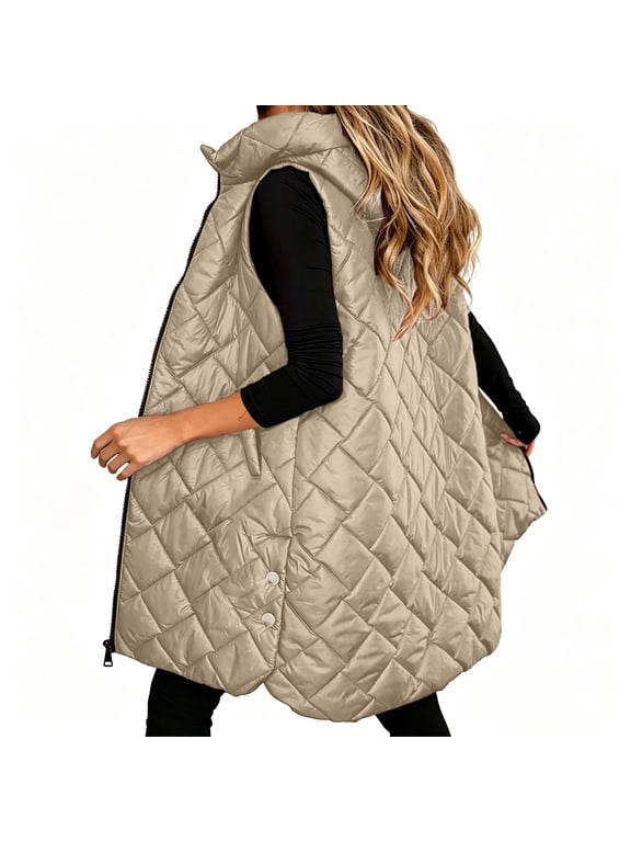 Sleeveless Long Puffer Vest for Women's Casual Zip Up Quilted Padded Down Coat Fall Winter Warm Jacket with Pockets Khaki,L