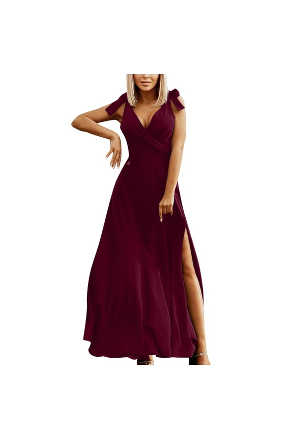 Slim Fit Split Dresses for Women Sleeveless Maxi Dress Solid V Neck Long Dresses Casual Cleavage Party Dress