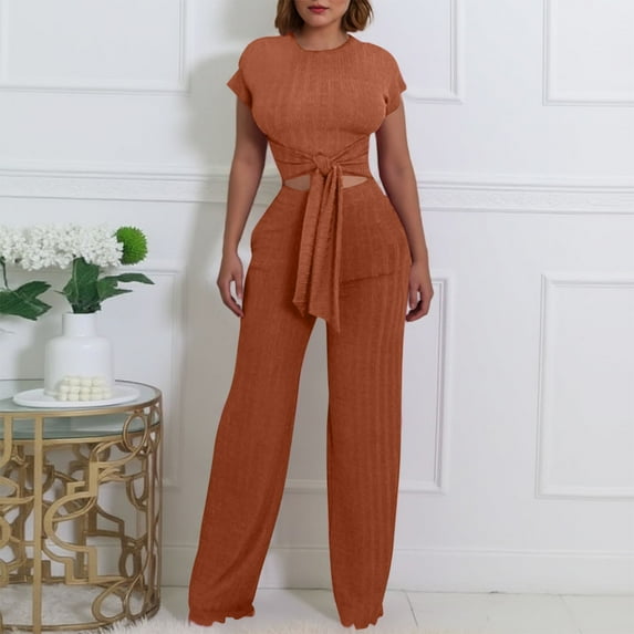 UPPADA Soft Lounge Set,Women's Fall 2 Piece Outfits Lounge Sets Short Sleeve Belted Crop Tops with Wide Leg Pant Sets Casual Tracksuit Set Comfy Cute Sets Brown,XXL