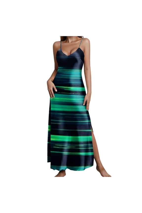 Spaghetti Strap Maxi Dress Womens Satin Long Nightgown Summer Floral Print Boho Dress V Neck Elegant Nightdress Side Slit Dress,S