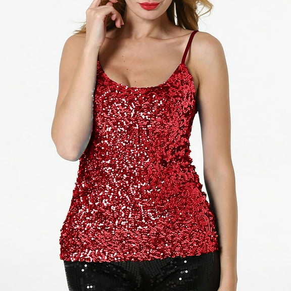 UPPADA Sparkly Tops for Women Party Tank Tops Sleeveless Glitter Camisole Vest Adjustable Straps Halter Tees Crewneck Sequin Tops Night Clubwear