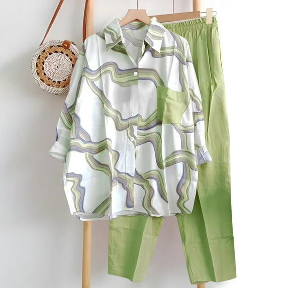 UPPADA Spring Clothing Set for Women ,2 Piece Outfits for Women 2 Piece Dressy Vintage Sets Casual Matching Set Long Sleeve Embroidered Tops and Long Pants Sets Green,XXL