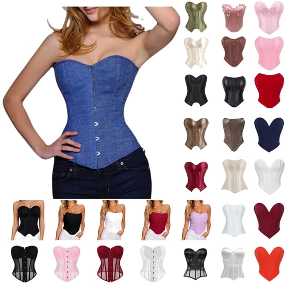 UPPADA Strapless Corset Tops for Women Bustier Lace Up Corset Top Strapless Overbust Boned Waist Shapewear with Boning and Adjustable Lacing Red,XL