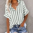 thumbnail image 1 of UPPADA Striped Button Down Shirts for Women Dress Shirts Short Sleeve Casual Lapel Collared Office Work Shirt with Pocket Army Green,L, 1 of 9