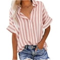 thumbnail image 1 of UPPADA Striped Button Down Shirt Women Short Sleeve Cotton Linen Work Shirts Casual Collared V Neck Tops Flowy Summer Basic Shirts Business Casual Tops for Ladies Pink,XL, 1 of 6