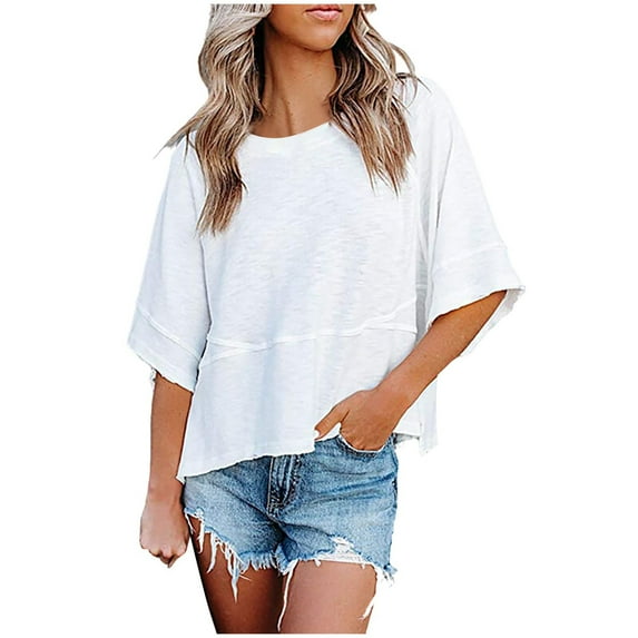 UPPADA Summer 3/4 Sleeve Tops for Women, Womens Summer Casual Crewneck Blouses 3/4 Sleeve T Shirts Solid Color Loose Tops