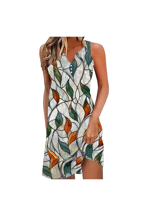Summer Beach Dresses for Women Vacation Beach Cover Up Midi Dress Button Down Sleeveless Boho Floral Sundress V-Neck Loose Fit Dress Clothes Under $5.00 Multicolor,XL
