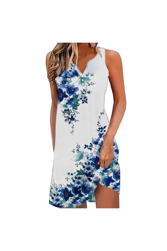 Summer Beach Dresses for Women Vacation Beach Cover Up Midi Dress Button Down Sleeveless Boho Floral Sundress V-Neck Loose Fit Dress My Orders Placed Recently By Me Multicolor,L