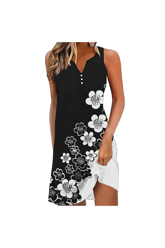 Summer Beach Dresses for Women Vacation Beach Cover Up Midi Dress Button Down Sleeveless Boho Floral Sundress V-Neck Loose Fit Dress Promo Codes for Today Multicolor,S