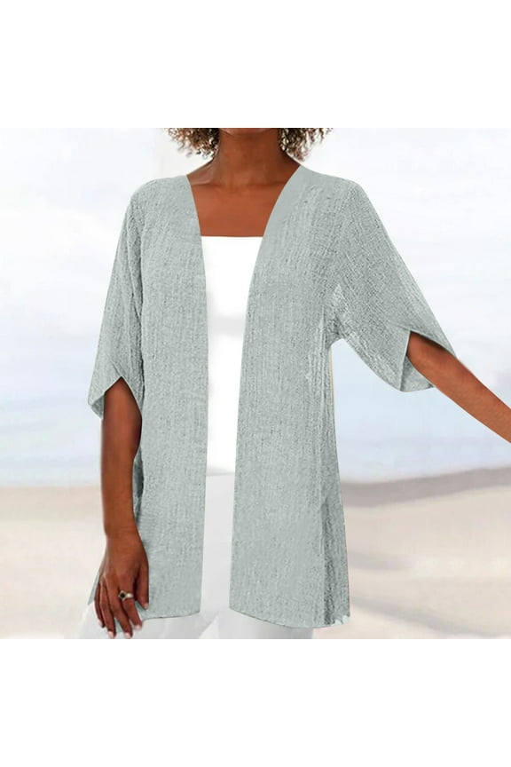 Summer Cardigans for Women Lightweight Solid Basic Open Front Short Sleeve Long Tunic Cardigans Casual Beach Cover ups Blouses Gray,L