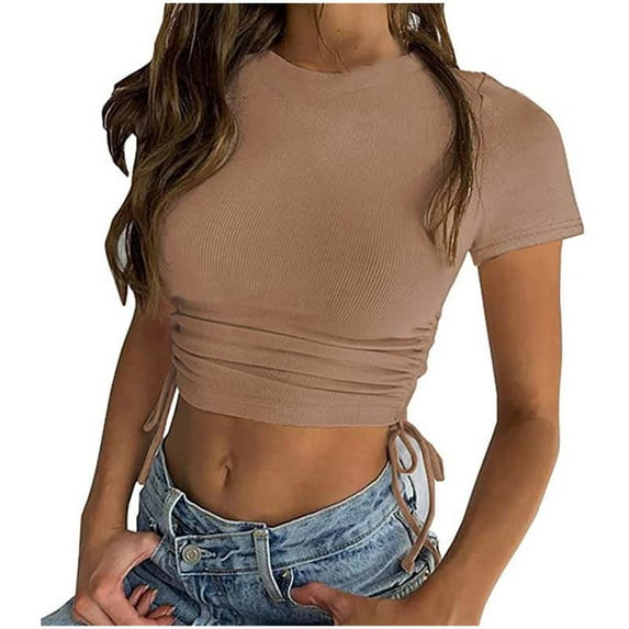 UPPADA Summer Crop Tops for Women,Fashion Slimming Short Sleeve Tshirts Crewneck Casual Pit Strip Solid Color Blouses