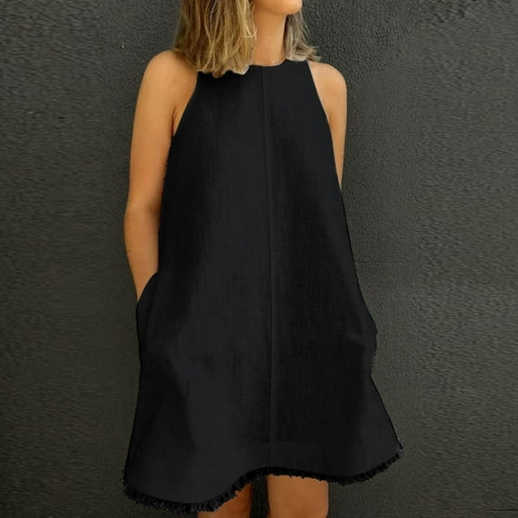 UPPADA Summer Dress for Women Cotton Linen Crew Neck Solid Basic T-Shirts Dress Casual Sleeveless Midi Dresses with Pocket Pleated Swing Tank Sundress Black,M