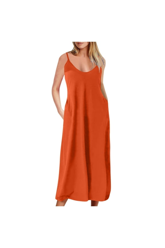 Summer Dresses for Women 2024 Trendy Plus Size Spaghetti Strap Tassel Midi Dress Fashion Beach Sundress Tank Dress Sleeveless Button Down Vacation Maxi Dress with Pockets Orange,XXXL