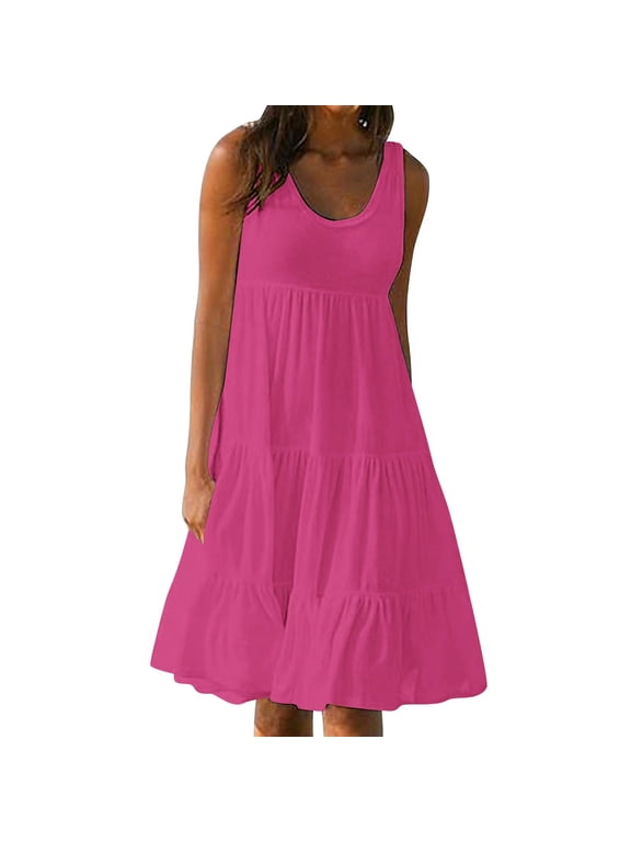 Summer Dresses for Women Beach Boho Tank Dress Sleeveless Vintage Floral Flowy Shirt Sundresses Pleated Casual Loose Vacation Dress Plus Size Tops for Women Hot Pink,XXXXXL