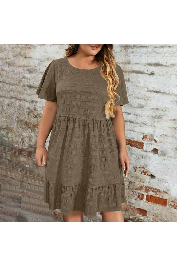 Summer Dresses for Women Plus Size Short Sleeve Crewneck T Shirt Dress Dressy Casual Ruffle Flowy Beach Sundresses Boho Smocked A-Line Flowy Midi Sun Dress Brown,XXXXXL