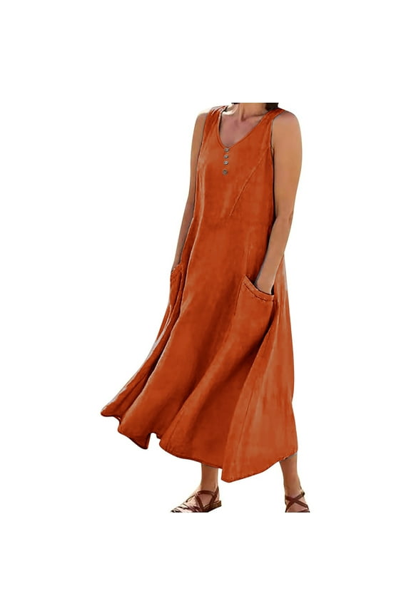 Summer Dresses for Women Vacation Trendy Sleeveless Boho Dress Crewneck Midi Cotton Linen Tank Dress Loose Flowy Beach Sundress with Pockets Cheap Summer Dresses Orange,L
