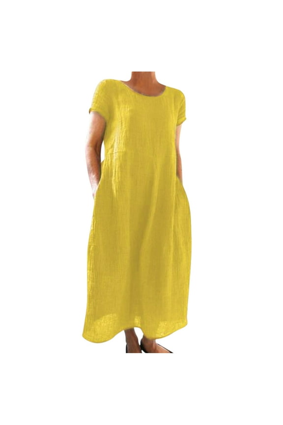 Summer Dresses for Women Maxi, Womens Summer Short Sleeve Dresses Solid Crewneck Casual Long Dress with Pockets