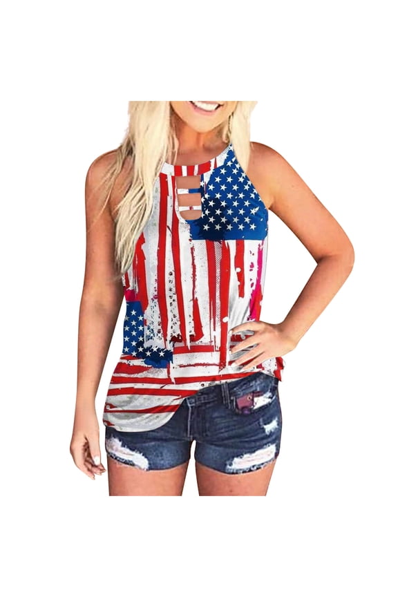 Summer Halter Tops for Women 2022 Trendy 4th July Flag Print Tanks Straples Hollow Out Sleeveless T Shirts