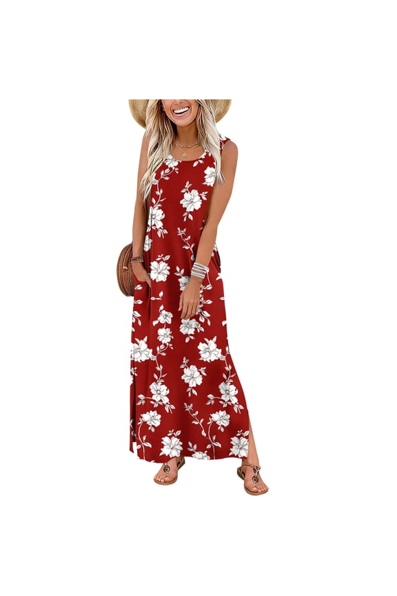 Summer Maxi Dresses for Women Beach Vacation Tank Dress Boho Floral Sundresses Ladies Tropical Dress with Pockets Multicolor,M