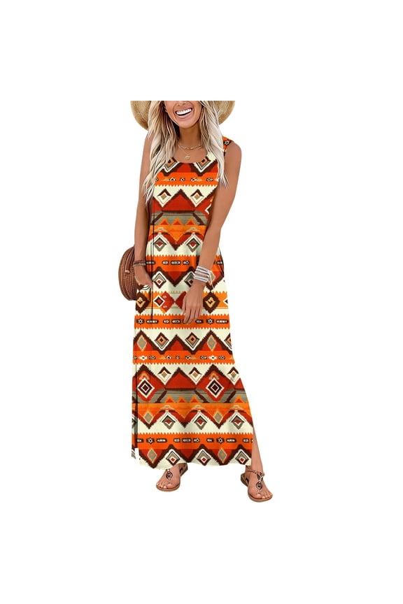 Summer Maxi Dresses for Women Beach Vacation Tank Dress Boho Floral Sundresses Ladies Tropical Dress with Pockets Multicolor,M