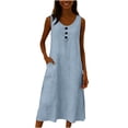 thumbnail image 1 of UPPADA Summer Midi Dresses for Women Button V Neck Sleeveless Dresses Casual Cotton Linen Shift Dress Loose Fit Flowy A Line Dress with Pockets Light Blue,XL, 1 of 5