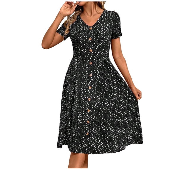 UPPADA Summer Polka Dot Dresses for Women Casual Loose Fit Cap Sleeve Sundress Swing Button Down Dress Beach Vacation Travel Outfit ,Black Dress L