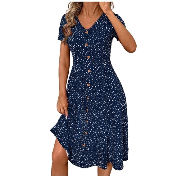 UPPADA Summer Polka Dot Dresses for Women Casual Loose Fit Cap Sleeve Sundress Swing Button Down Dress Beach Vacation Travel Outfit ,Navy Dress M