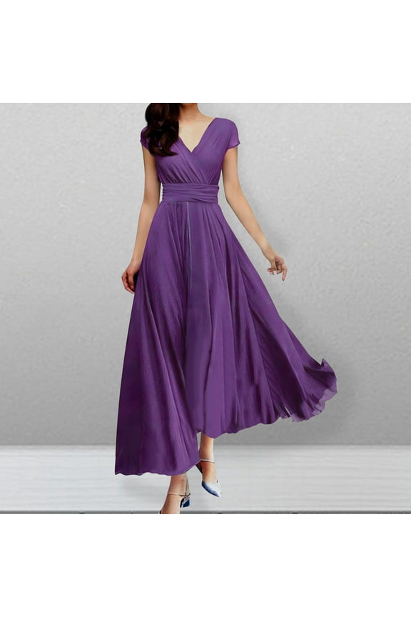 Summer Saving Plus Size Dresses for Curvy Women Wedding Guest Gown Short Sleeve V-Neck Cocktail Dresses Layer Flowy Belted Dress Womens Summer Dresses Plus Size