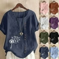 thumbnail image 1 of UPPADA Summer Saving Linen Shirts for Women Casual Loose Fit Summer Tops Floral Print Crew Neck Buttons Shirts Short Sleeve Trendy Blouses Plus Size Tunic Blouse Loose Fit Baggy Daisy Blouses Navy,L, 1 of 5