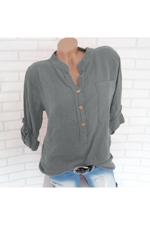 Summer Saving Womens V Neck Cotton Linen Shirts Roll Up Sleeve Pleated Blouses Solid Color Comfy Top Summer Casual Flowy Blouses Gray,L