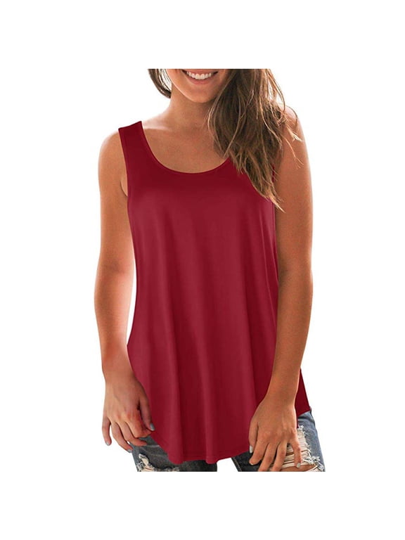 Summer Sleeveless Top for Women Casual Loose Fit Basic Swing Tunics Tank Top Workout Scoop Neck Swing Tank Shirt Curvy Hem Tops Red,M